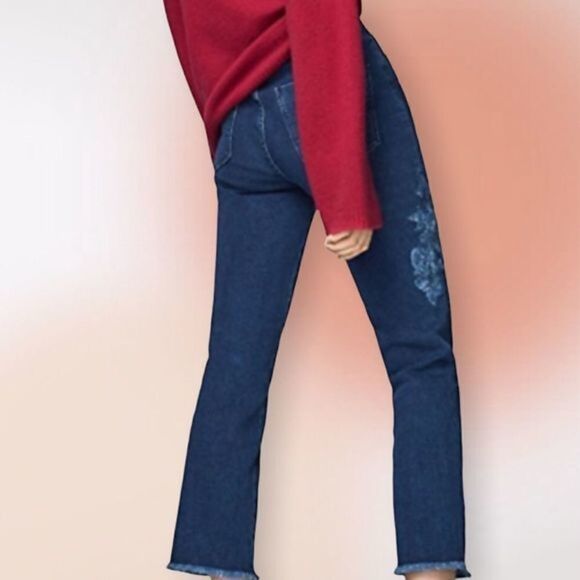 Massimo Duti High Rise Dark Wash Embroidered Frayed Hem Ankle Jeans Size 4 - Picture 2 of 11